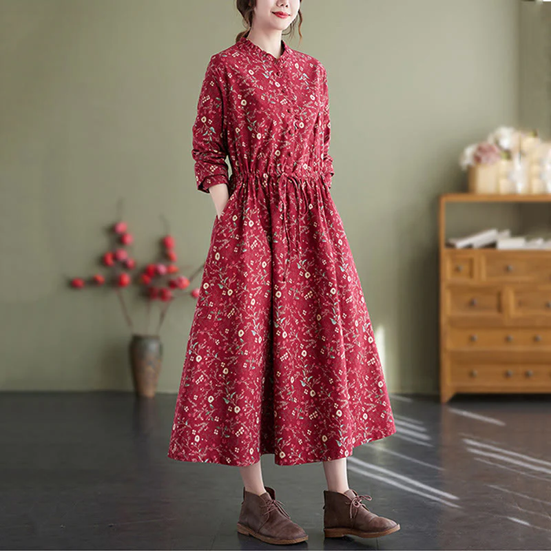 Buddha Stones Ethnic Printing Drawstring Long Sleeve Cotton Linen Midi Dress With Pockets