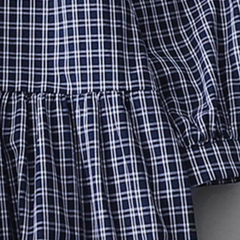 Buddha Stones Casual Plaid Buttons Lantern Long Sleeve Cotton Midi Dress