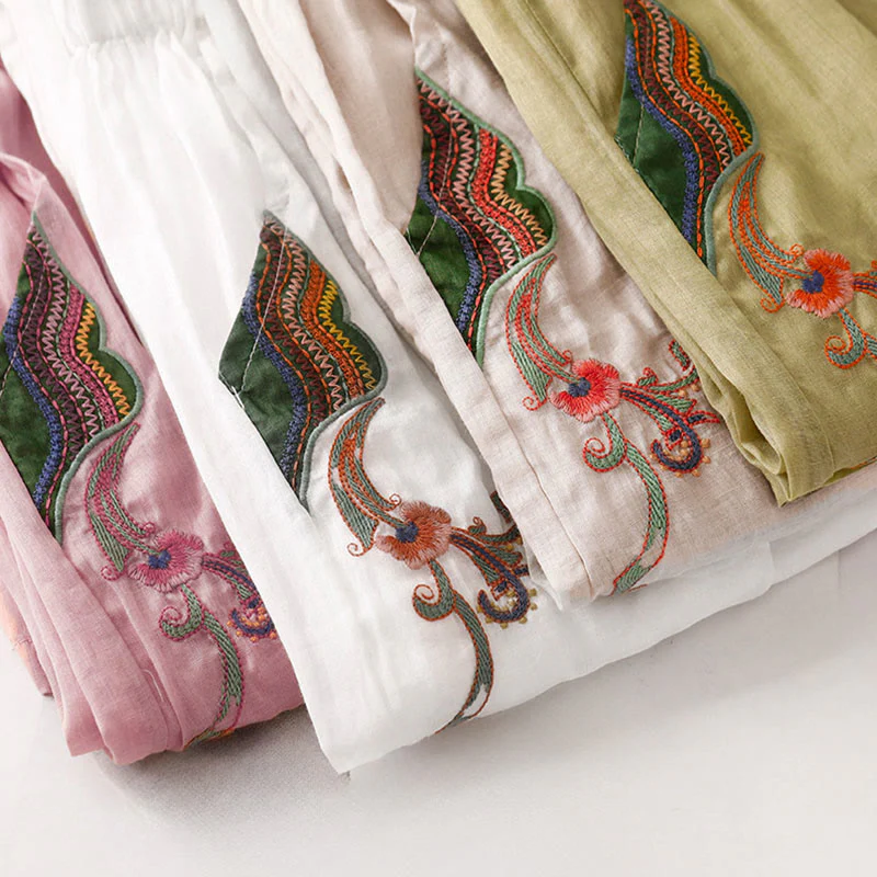 Buddha Stones Casual Flower Embroidery Women's Cotton Linen Elastic Waist  Wide Leg Pants With Pockets