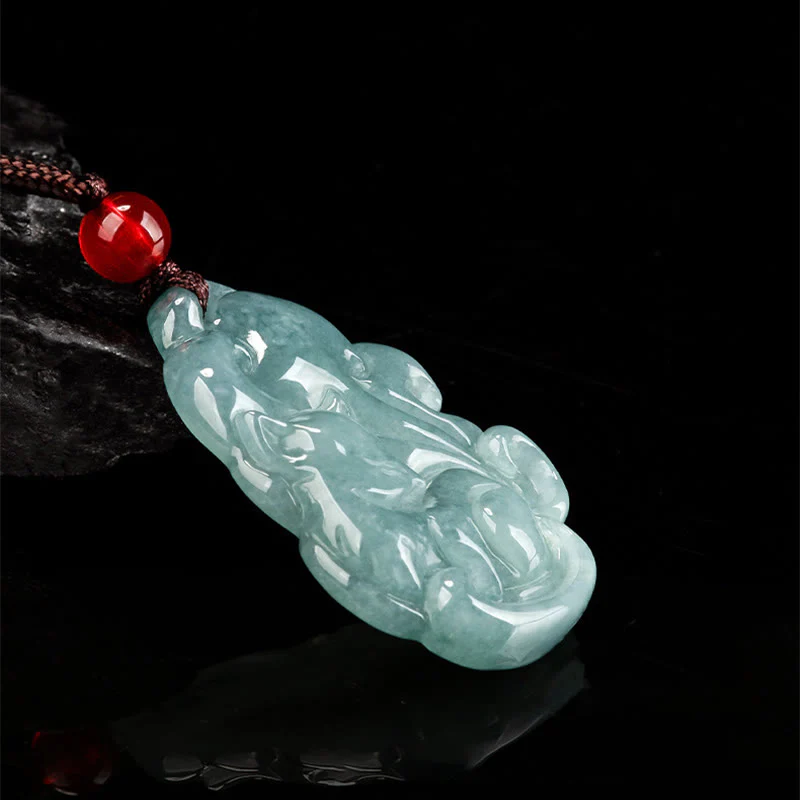 Buddha Stones Natural Green Jade Nine Tailed Fox Fairy Prosperity Necklace Pendant