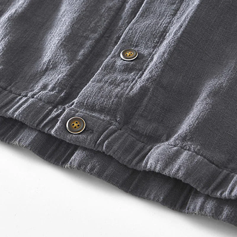 Buddha Stones Casual Plain Simple Buttons Design Men's Long Sleeve Ramie Linen Jacket With Pockets