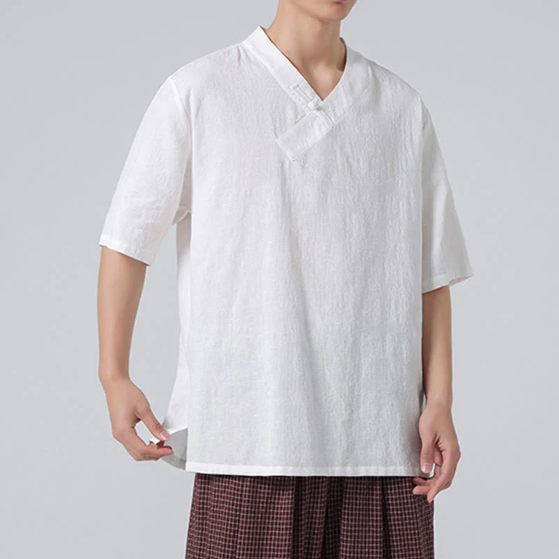Buddha Stones Ethnic Distressed Jacquard Frog-Button Men's Stand Collar Half Sleeve Cotton Linen Shirt Tai Chi Clothes