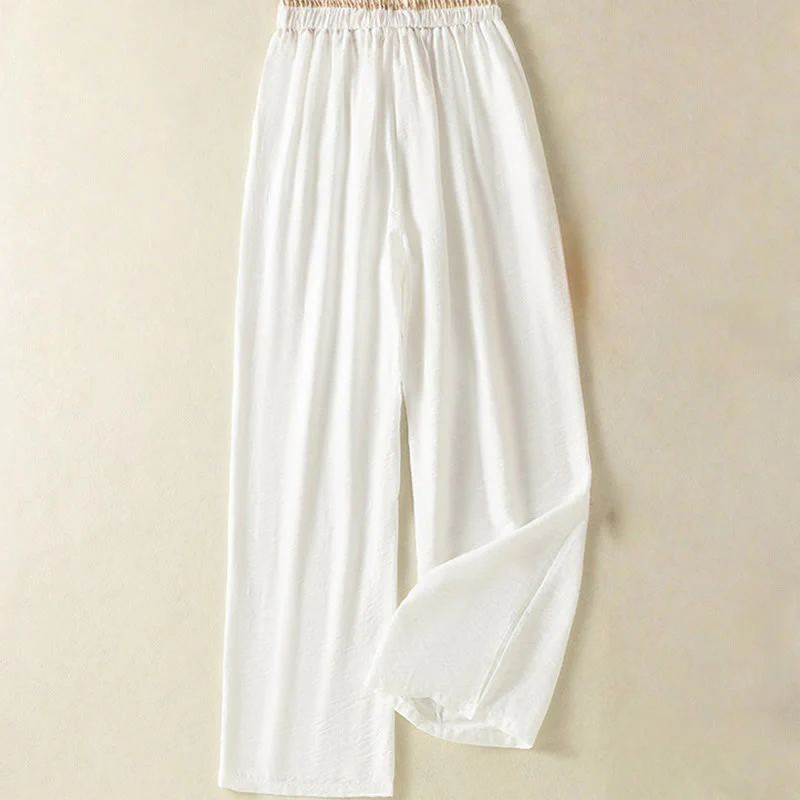 Buddha Stones Vintage Casual Pure Color Drawstring Ankle-Length Women's Cotton Linen Pants With Pockets