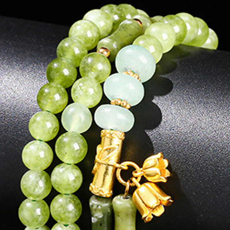 Buddha Stones Retro Multilayer Lily of the Valley Bamboo Green Chalcedony Strength Bracelet