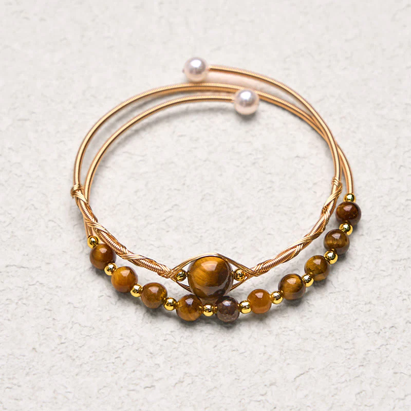 Buddha Stones 14K Gold Filled Copper Natural Tiger Eye Protection Metal Cuff Bracelet Bangle