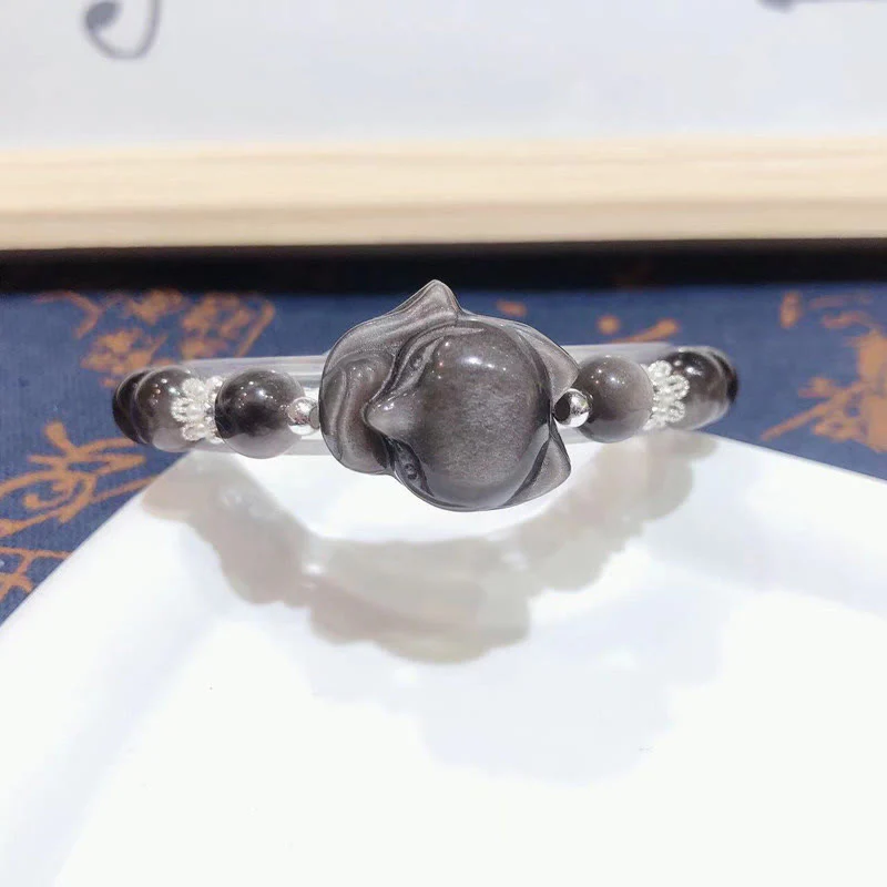 Buddha Stones Natural Silver Sheen Obsidian Nine Tailed Fox Communication Bracelet