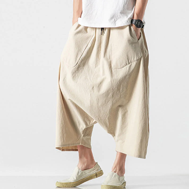 Buddha Stones Casual Low Crotch Design Drawstring Men's 7-8 Length Cotton Linen Wide Leg Pants With Pockets