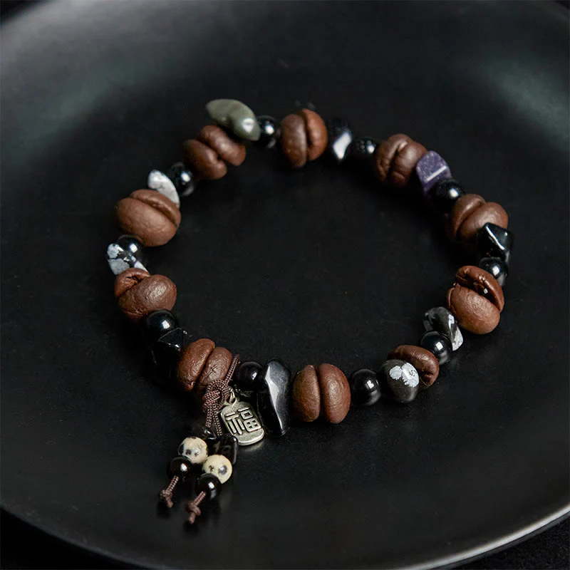Buddha Stones Natural Coffee Beans Tiger Eye Fu Character Protection Bracelet