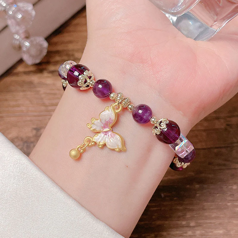 Buddha Stones Natural Amethyst Sun Stone Butterfly Peace Bracelet