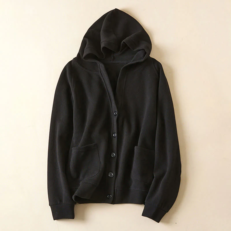 Buddha Stones Plain Buttons Women's Cotton Hooded Jacket With Pockets