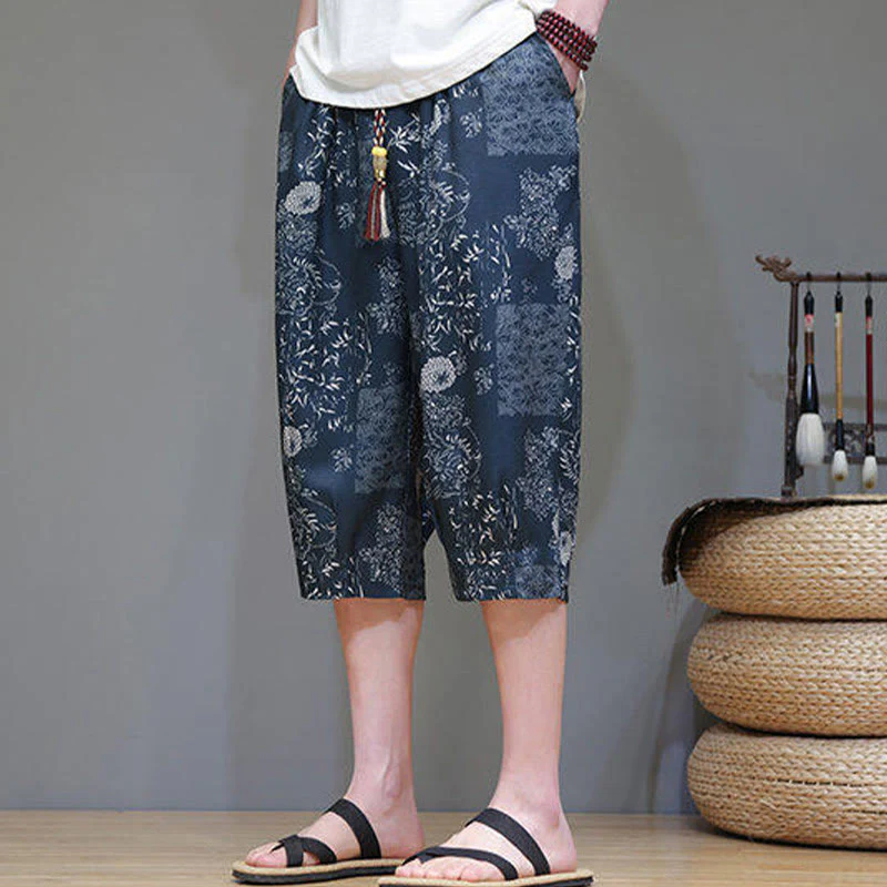 Buddha Stones Summer Bamboo Leaves Flowers Cotton Linen Men's Capri Pants With Pockets