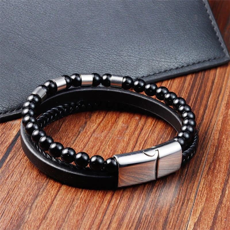 Buddha Stones Frosted Stone Multi-layer Leather Titanium Steel Balance Buckle Bracelet