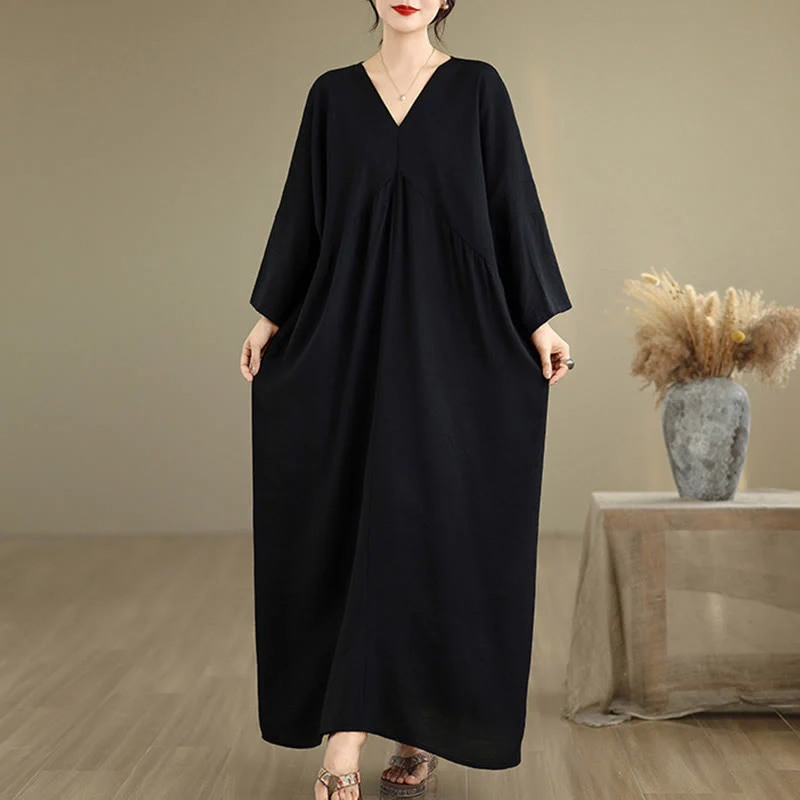 Buddha Stones Fall Casual V-Neck Long Sleeve Cotton Midi Dress