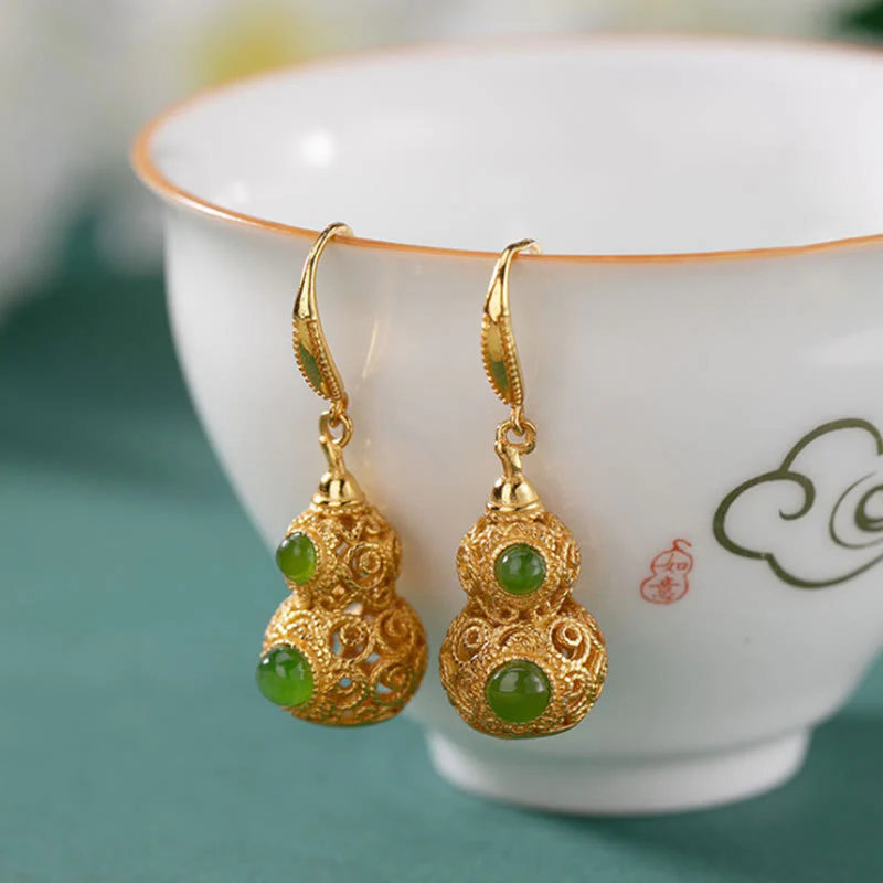 Buddha Stones Copper Hollow Gourd Jade Prosperity Earrings