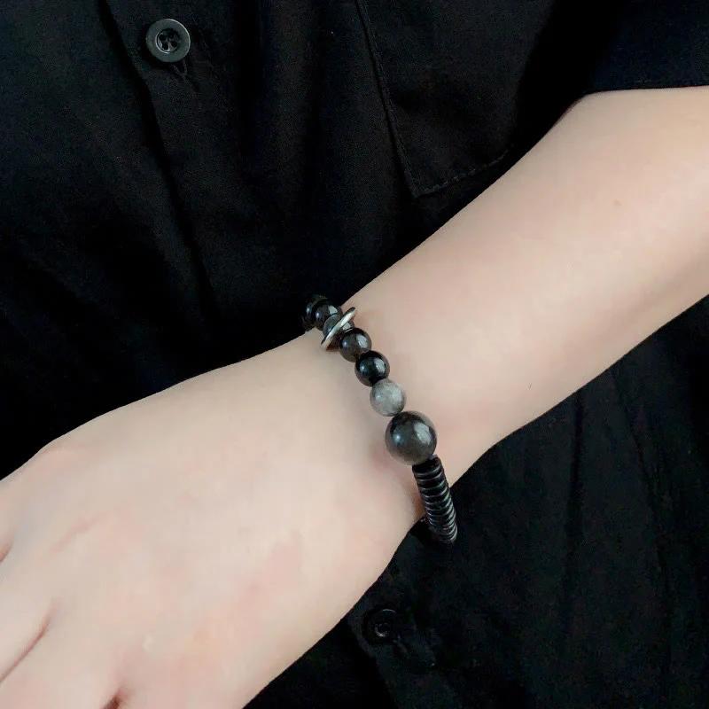Buddha Stones Silver Sheen Obsidian Coconut Shell Protection Bracelet