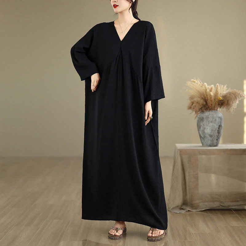 Buddha Stones Fall Casual V-Neck Long Sleeve Cotton Midi Dress