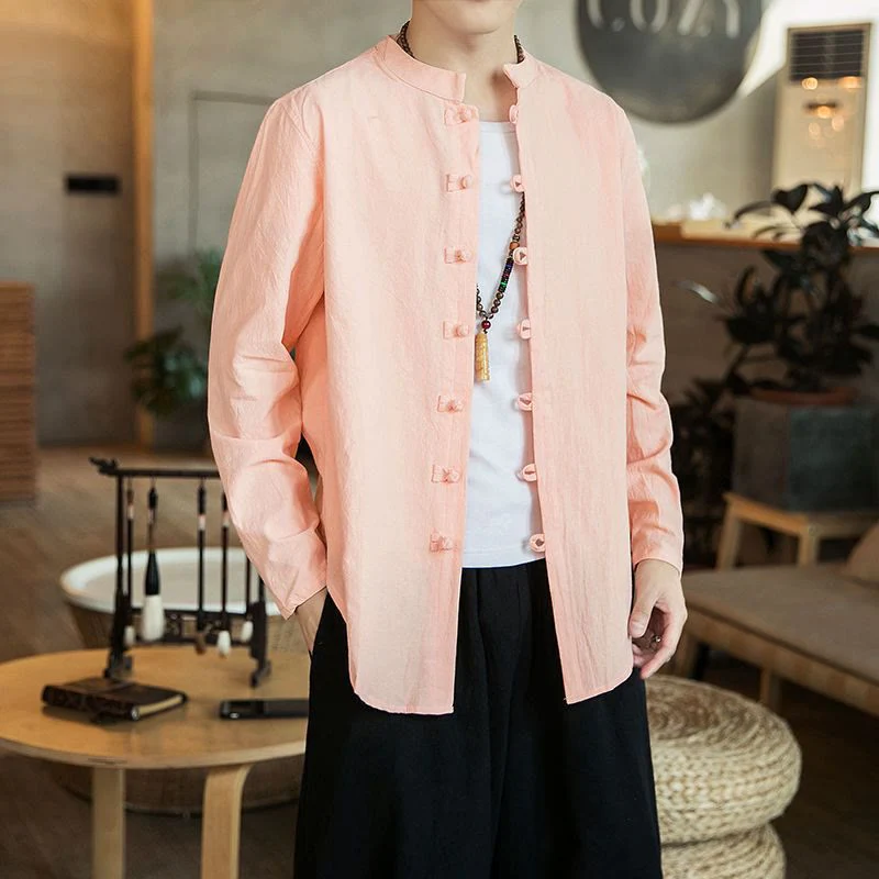Buddha Stones Casual Stand Collar Frog-Button Long Sleeve Tang Suit Linen Men's Shirt