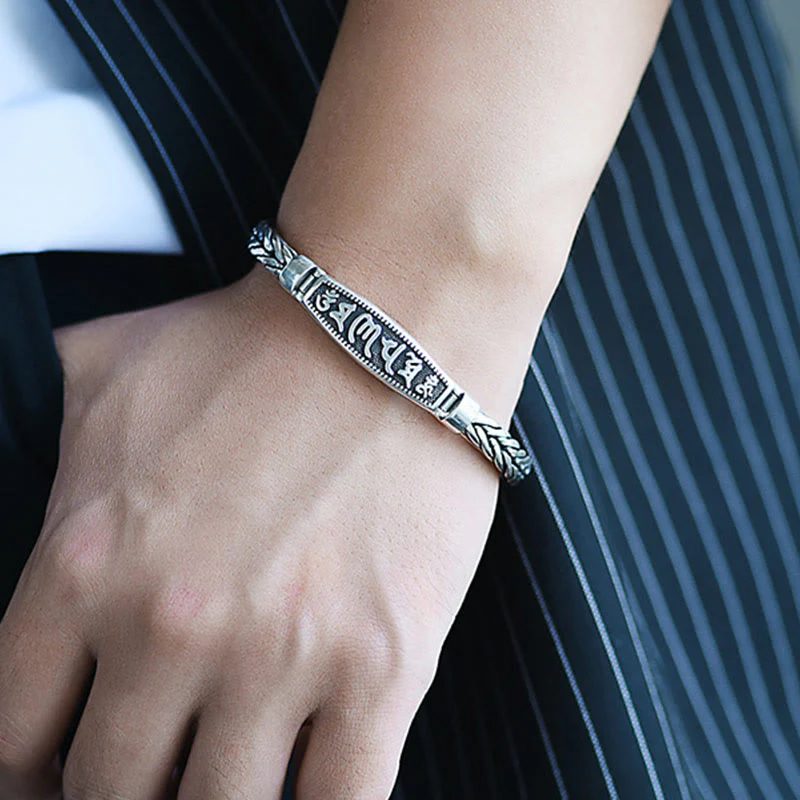 Buddha Stones Tibetan Copper Weave Om Mani Padme Hum Relief Vajra Peace Metal Bracelet