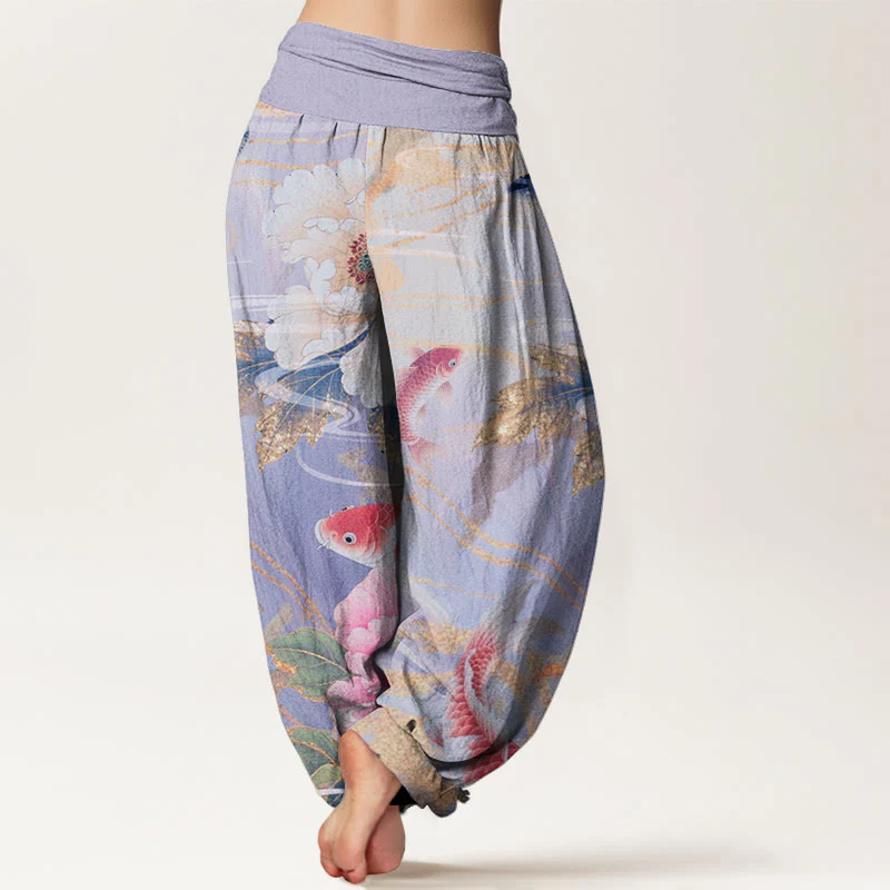 Buddha Stones Casual Peony Koi Fish Golden-Edged Leaves Pattern Women's Elastic Waist Harem Pants