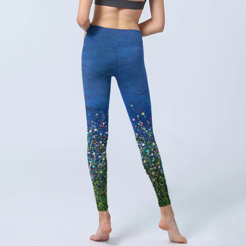 Buddha Stones Grass Flower Pattern Print Gym Leggings Women's Yoga Pants