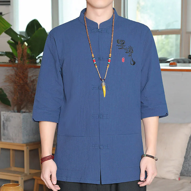 Buddha Stones Frog-Button Chinese Tang Suit Three Quarter Sleeve Cotton Linen Men's Shirt