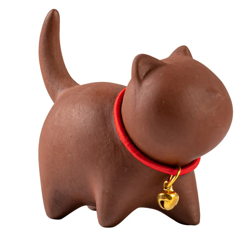 Buddha Stones Mini Lovely Red Rope Bell Cat Tea Pet Purple Clay Figurine Desk Decoration