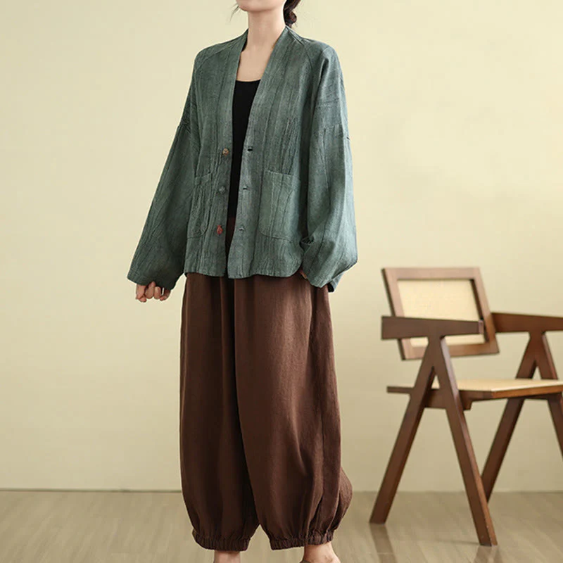 Buddha Stones Plain Long Sleeve Women's Cotton Linen Jacket With Pockets