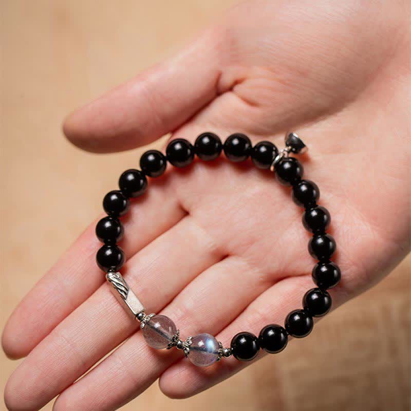 Buddha Stones 925 Sterling Silver Obsidian Moonstone Strength Couple Bracelet