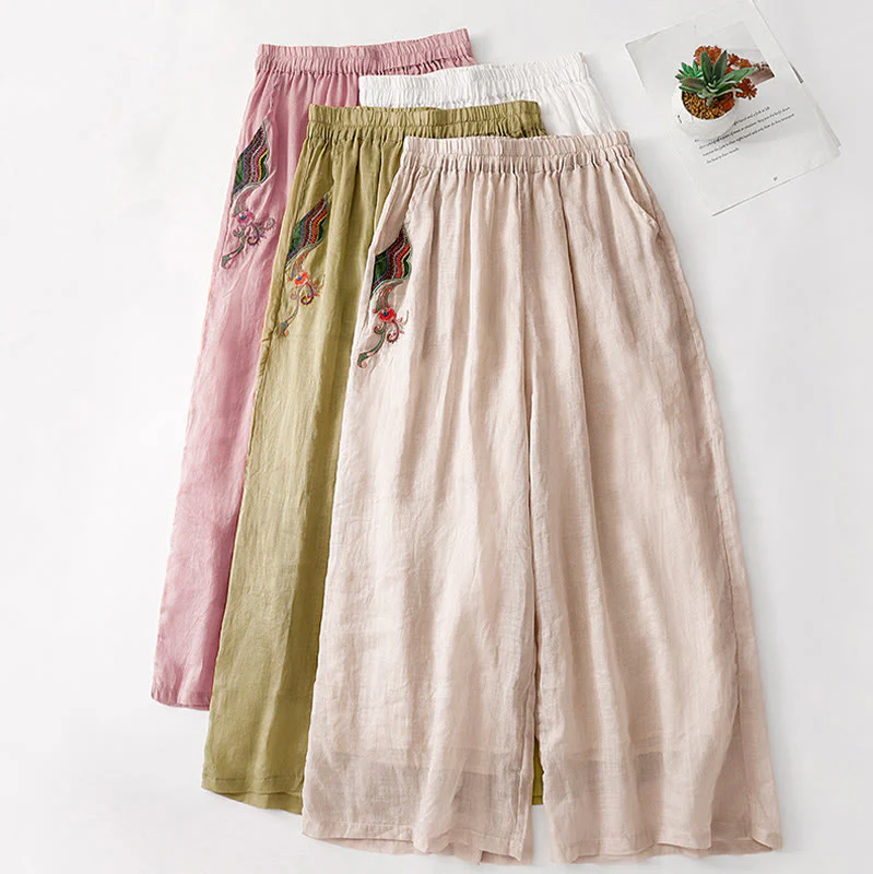 Buddha Stones Casual Flower Embroidery Women's Cotton Linen Elastic Waist  Wide Leg Pants With Pockets