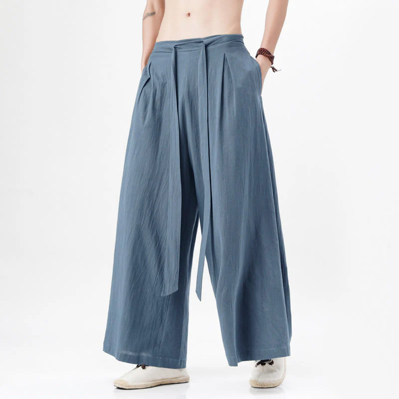 Buddha Stones Spring Casual Sports Drawstring Design Men's Cotton Linen Wide Leg Pants With Pockets
