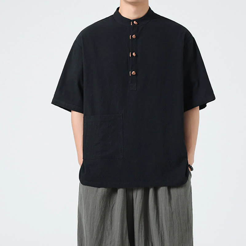 Buddha Stones Casual Half Frog-Button Design Stand Collar Tang Suit Men's Half Sleeve Cotton Shirt With Pocket