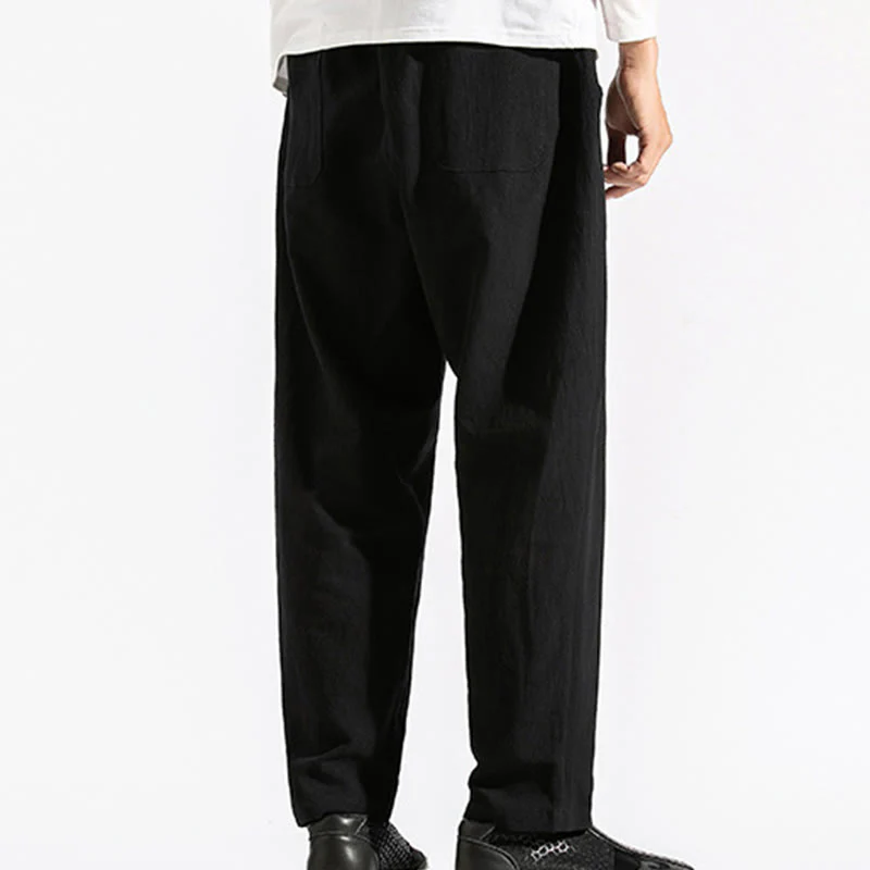 Buddha Stones Retro Casual Drawstring Design Men's Harem Cotton Plain Pants With Pockets