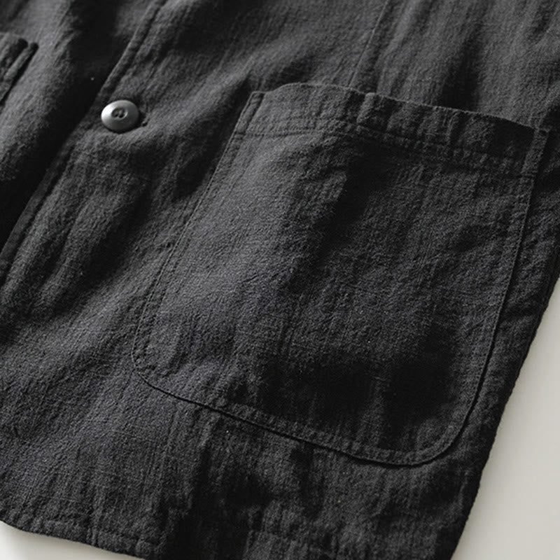 Buddha Stones Long Sleeve Button Placket Design Men's Cotton Linen Jacket Shirt With Pockets