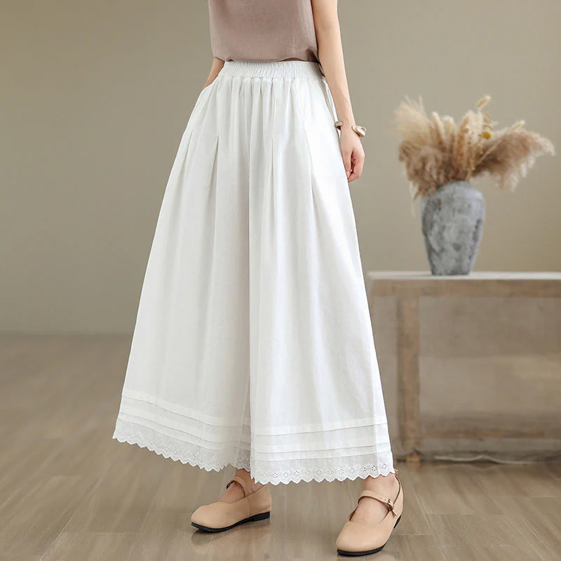Buddha Stones Commute Simple Lace Design 7-8 Length Women's Wide Leg Cotton Linen Pants With Pockets