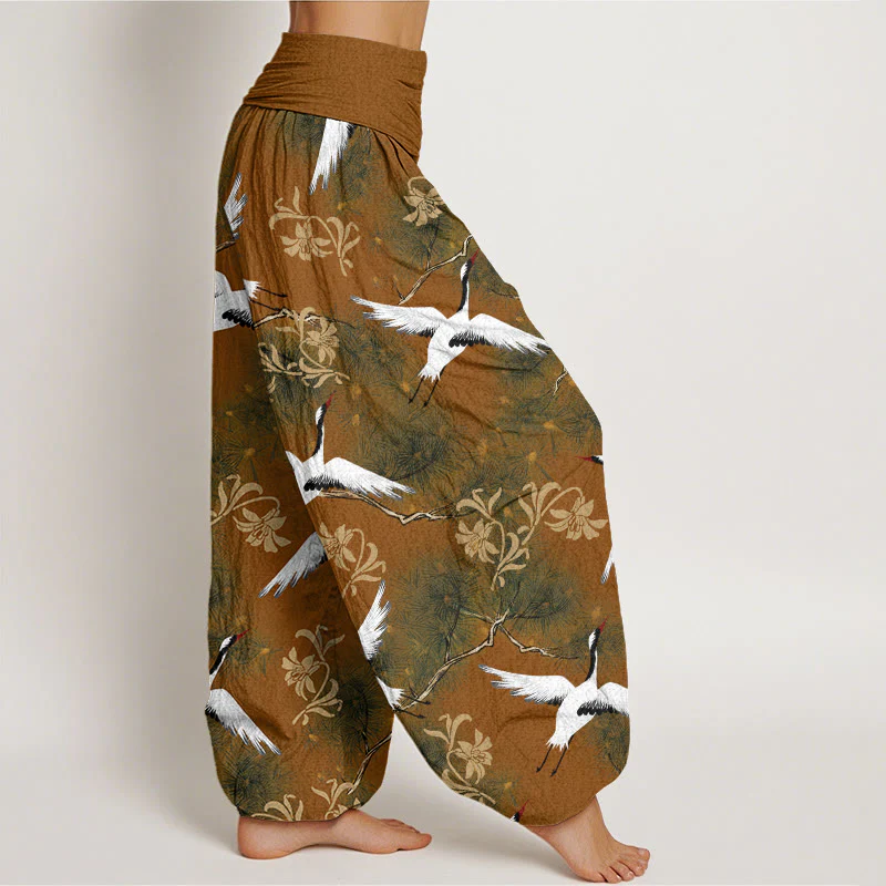 Buddha Stones Casual Red-crowned Crane Pine Tree Pattern Women's Elastic Waist Harem Pants