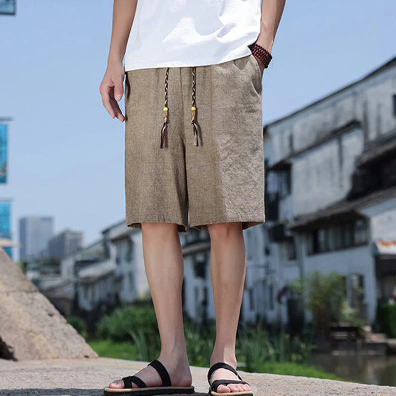 Buddha Stones Weaving Waist Rope Beads Cropped Linen Men's Shorts With Pockets