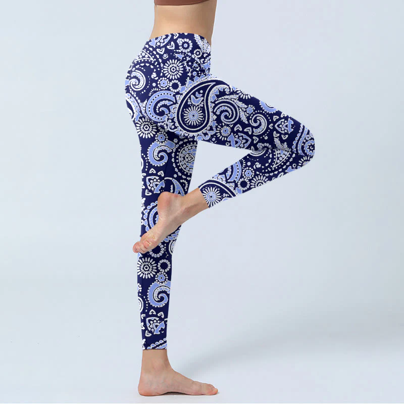 Buddha Stones Purple Blue Cashew Flower Print Gym Leggings Women's Yoga Pants