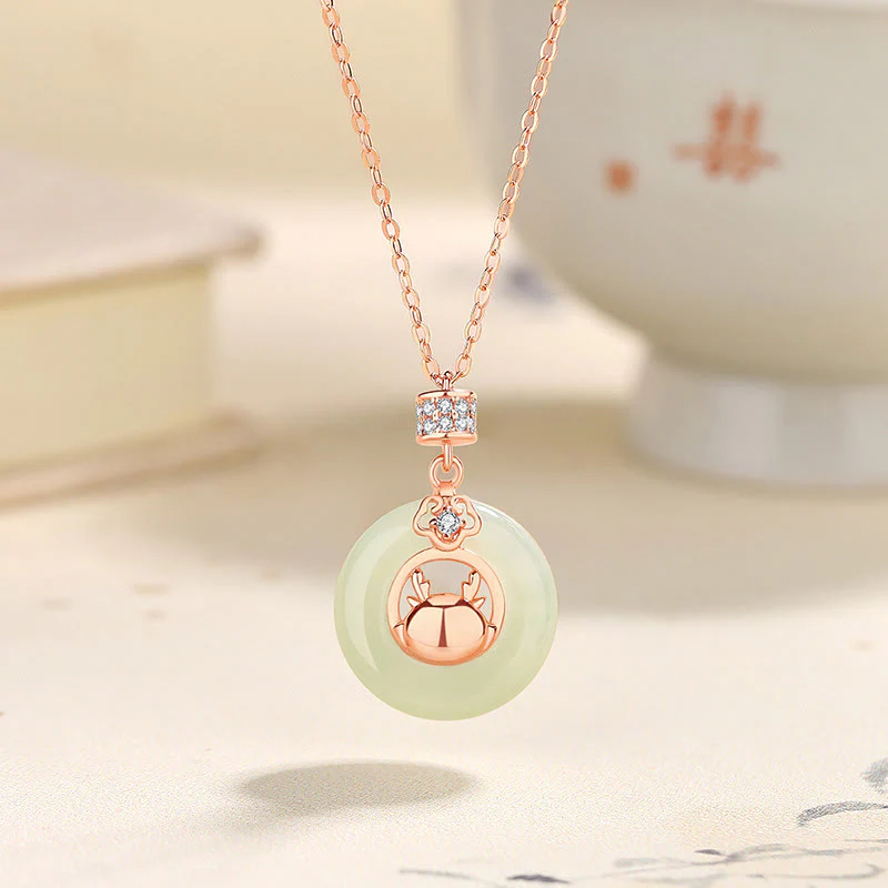 Buddha Stones 925 Sterling Silver Year of the Dragon Natural Hetian Jade Zircon Peace Buckle Protection Bracelet Necklace Pendant