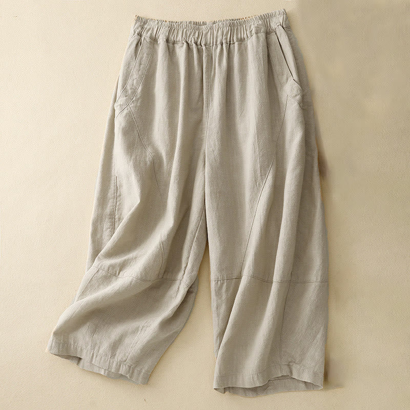 Buddha Stones Commute Casual Pure Color Women's Wide Leg Cotton Cropped Pants With Pockets