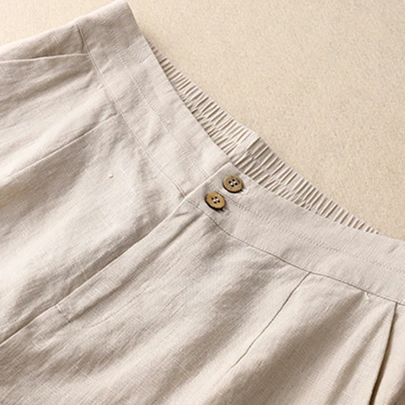 Buddha Stones Summer Casual Simple Design Linen Women's Wide Leg Pants With Zipper Pockets
