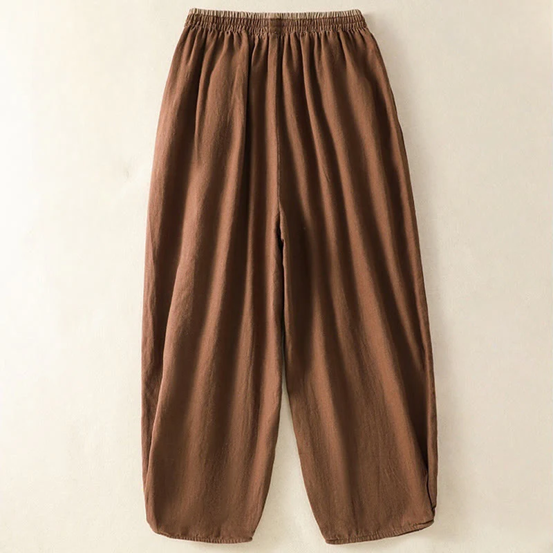 Buddha Stones Casual Embroidery Women's Cotton Linen 7-8 Length Harem Pants With Pockets