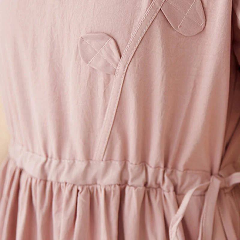 Buddha Stones Three-Dimensional Flower Design Ruffled Neck Cotton Linen Midi Dress With Pockets