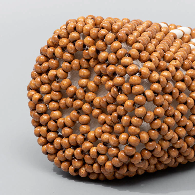 Buddha Stones Hand-woven Bucket Portable Wooden Beads Handbag