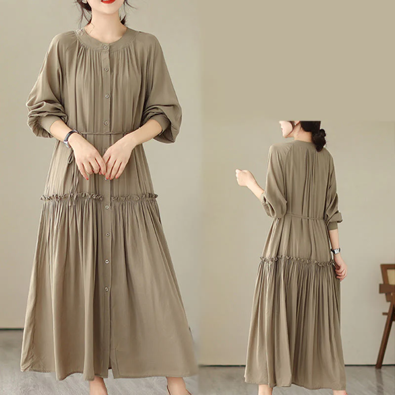 Buddha Stones Casual Plain Crew Neck Pleated Polyester Midi Dress With Pockets