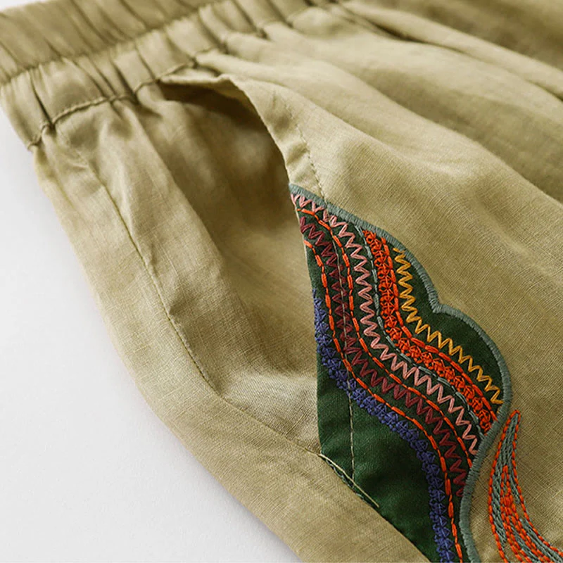 Buddha Stones Casual Flower Embroidery Women's Cotton Linen Elastic Waist  Wide Leg Pants With Pockets