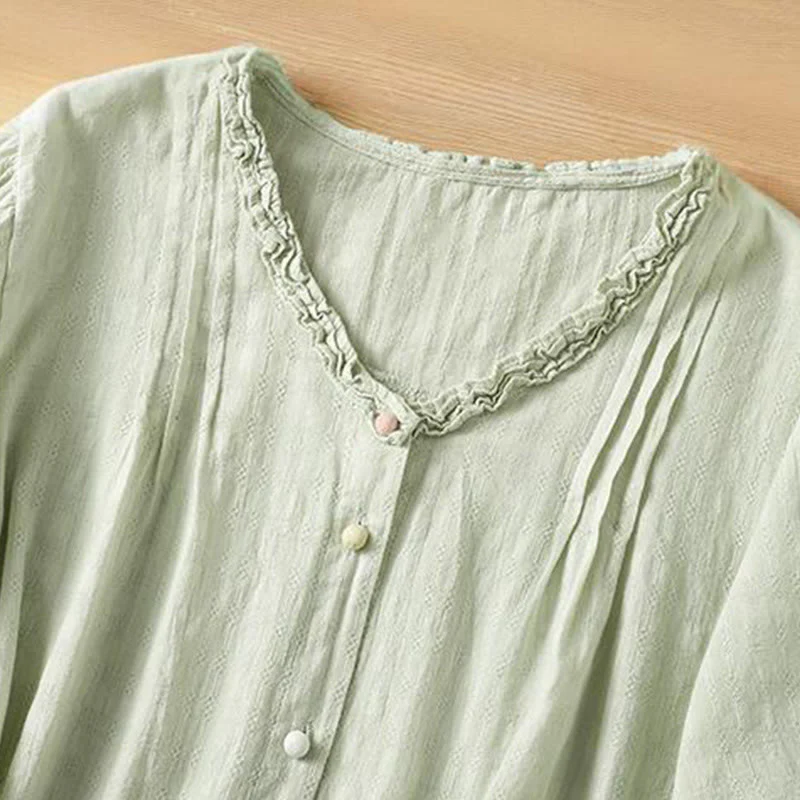 Buddha Stones Jacquard Pleated Ruffled Trim Design V-Neck Short Sleeve Women's Shirt