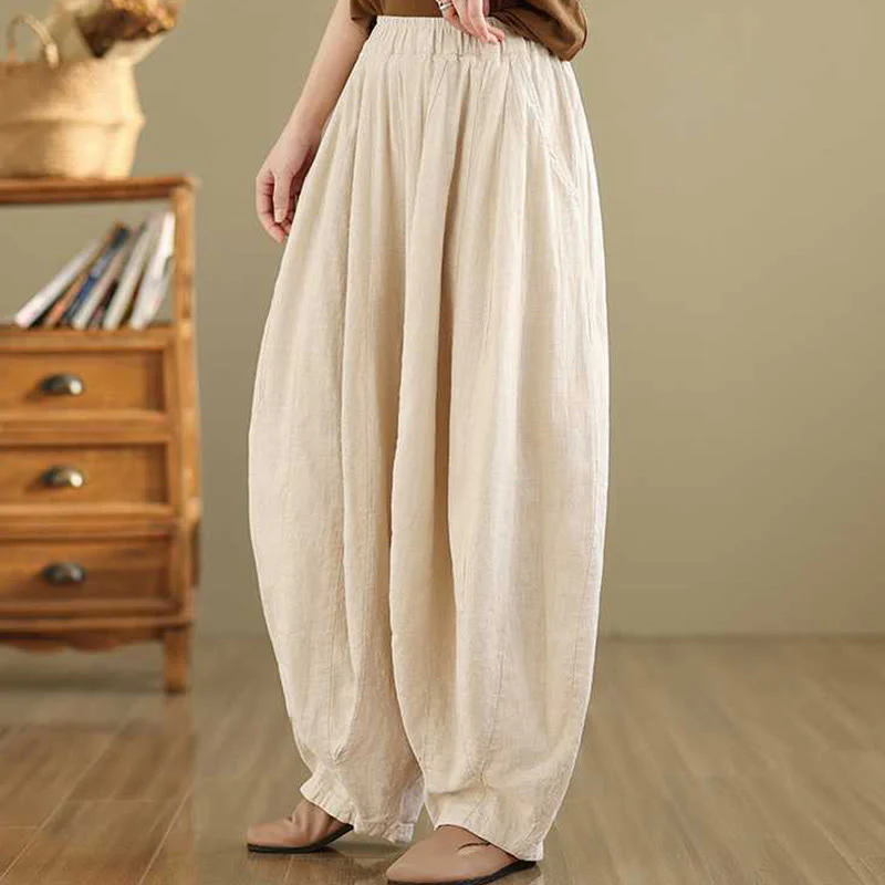 Buddha Stones Spring Casual Simple Design Women's Cotton Linen Harem Pants With Pockets