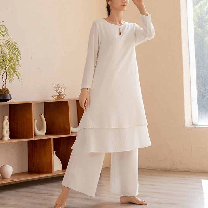Buddha Stones 2Pcs Simple Design Tai Chi Meditation Yoga Clothing Top Pants Women's Set
