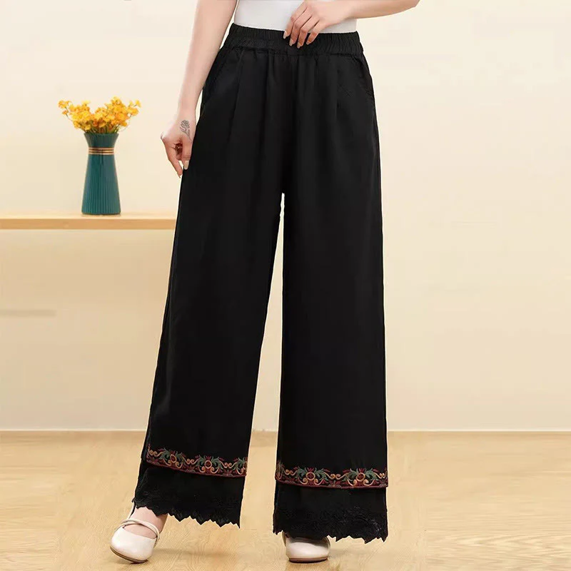 Buddha Stones Casual Embroidered Lace Cotton Linen Women's Wide Leg Pants With Pockets