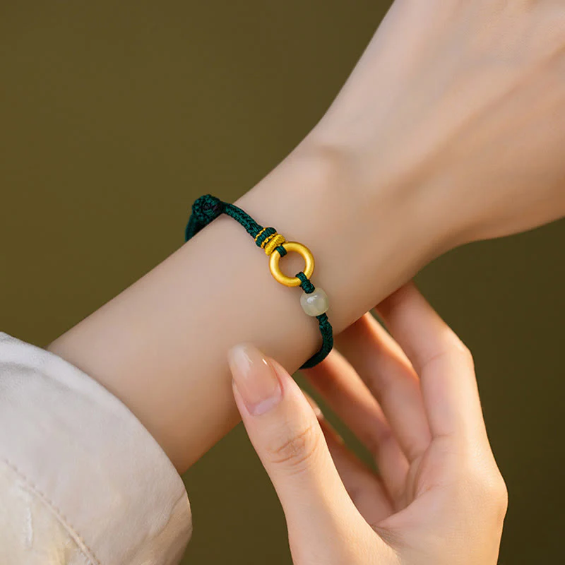 Buddha Stones 999 Sterling Silver Peace Buckle Hetian Jade Bead Luck Green Rope Braided Bracelet